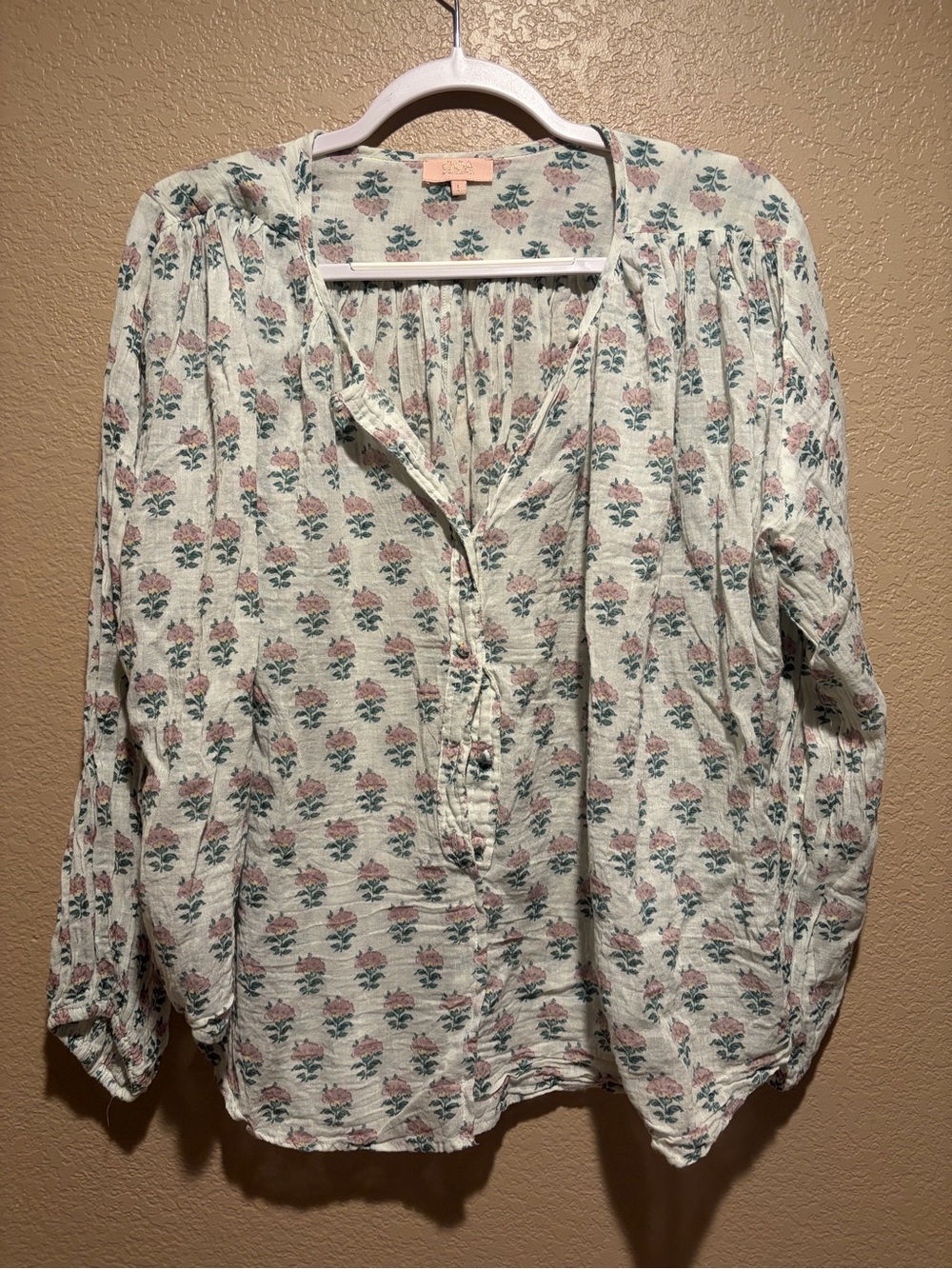 GOA Paris 100% Cotton Cream Floral Button-Front Women’s Blouse -Sz L